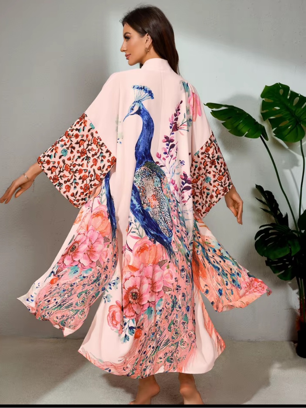 Floral Peacock Print Kimono Loungwear
Beach cover up Bohemian OS